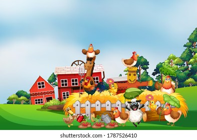 Farm scene with animal farm cartoon style illustration