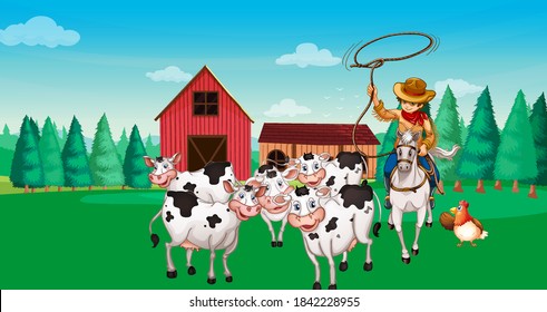 Farm scene with animal farm cartoon style illustration