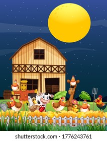Farm scene with animal farm at night cartoon style illustration
