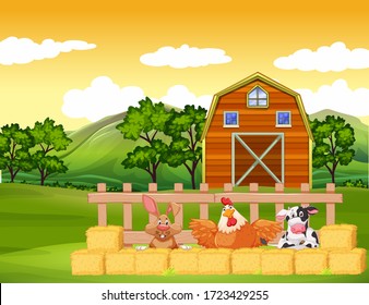 Farm Scene With Animals And Barn On The Farm Illustration