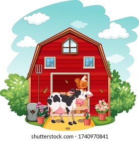 Farm scene with animals and barn on white background illustration