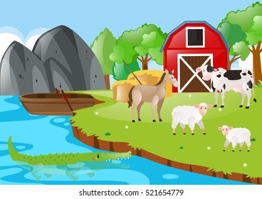 Farm scene with animals by the river illustration