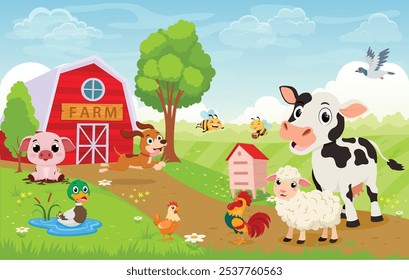 Escena de la granja con animales de dibujos animados, vaca, cordero, pollo, abeja y cerdo