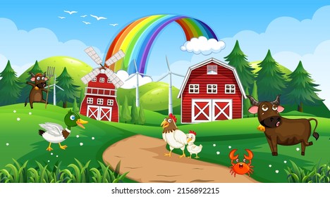 Farm scene with animals in the field illustration