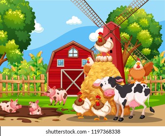 Farm scene with animals  illustration