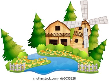 Farm scene with barn by the river illustration