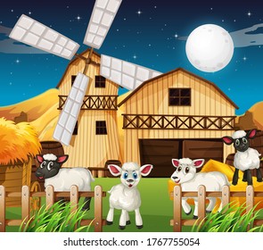 Farm scene with barn and cute sheep at night illustration
