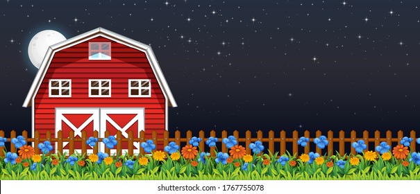 Farm scene with barn and flowers at night illustration