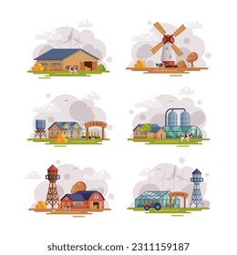 Farm Scene with Barn House, Tractor, Windmill and Water Tower Vector Set