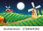 Farm scene with barn and mill at night illustration