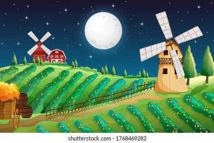 Farm scene with barn and mill at night illustration