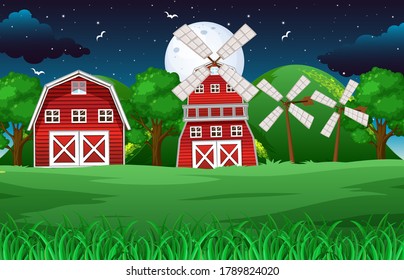 Farm scene with barn and mill at night illustration