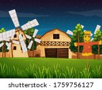 Farm scene with barn and mill and scarerow at night illustration