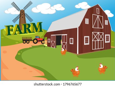 Farm scene with barn, Tractor , wind wheel, text 3D and chicken in big green farm vector illustration 