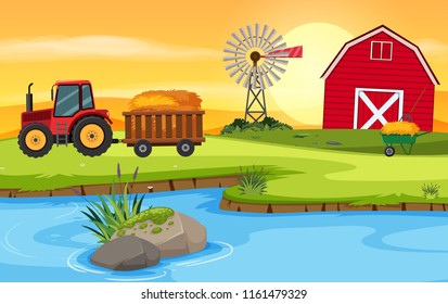 farm scene with barn and tractori illustration