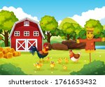 Farm scene with barn and windmill and chicken and scarerow illustration