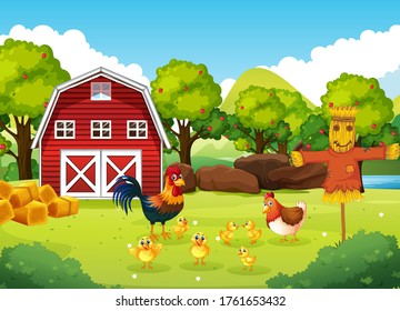 Farm scene with barn and windmill and chicken and scarerow illustration