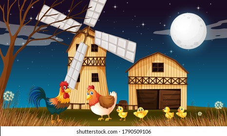 Farm scene with barn and windmill and chicken at night illustration