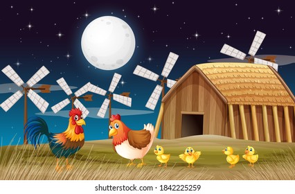 Farm scene with barn and windmill and chicken at night illustration