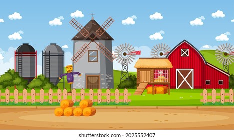 Farm scene with barn and windmill illustration