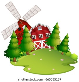 Farm scene with barn and windmill illustration