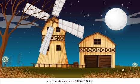 Farm scene with barn and windmill at night illustration
