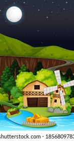 Farm scene with barn and windmill at night illustration