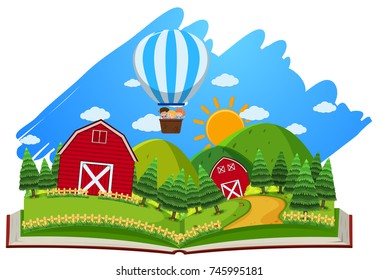 Farm scene with barns and balloon in the book illustration
