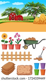 Farm scene with barns and other farming items illustration