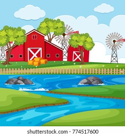 Farm scene with barns and river illustration