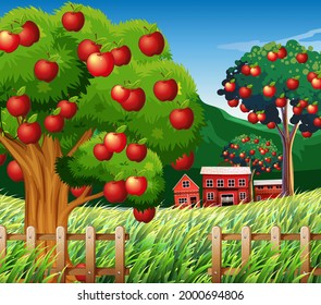 Farm Scene With Big Apple Tree Illustration