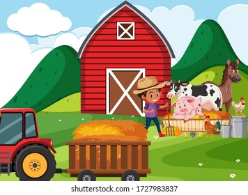 Farm scene with boy and animals on the farm illustration