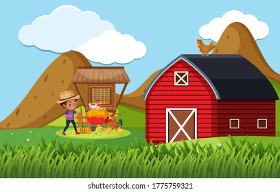 Farm scene with boy feeding chickens on the farm illustration