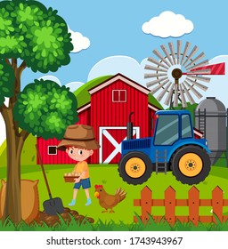 Farm scene with boy and fresh eggs on the farm illustration