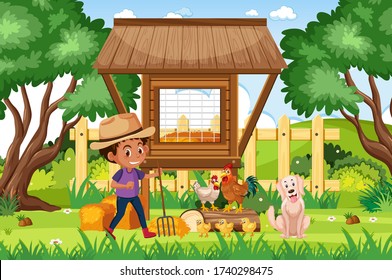 Farm scene with boy and many animals  illustration