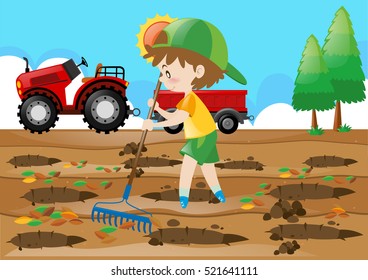 Farm scene boy raking leaves in the field illustration