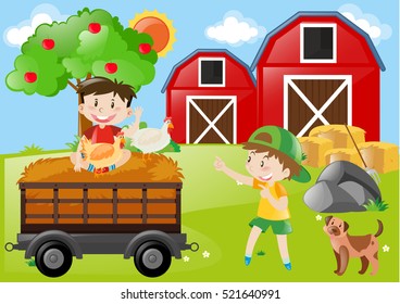 Farm scene boys in the field illustration