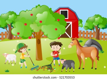 Farm scene with boys raking leaves  illustration