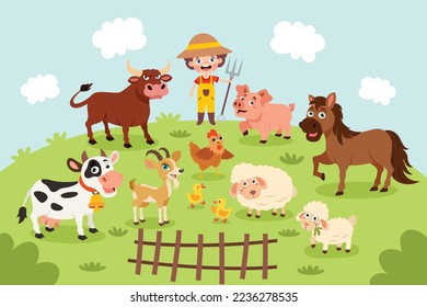 Farm Scene With Cartoon Animals