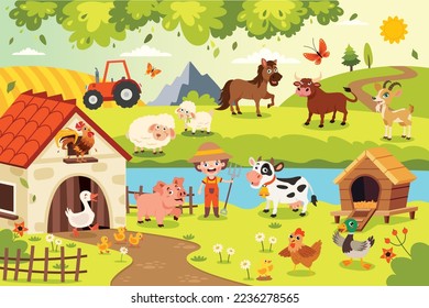 Escena De Granja Con Animales De Caricatura