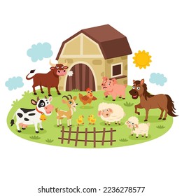 Farm Scene With Cartoon Animals