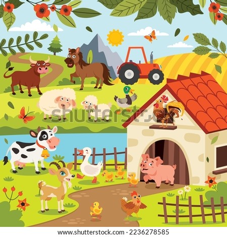 Farm Scene With Cartoon Animals