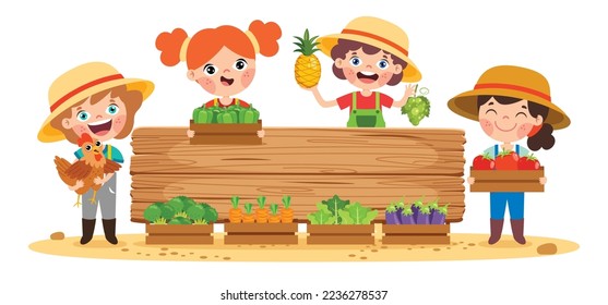 Farm Scene With Cartoon Kids