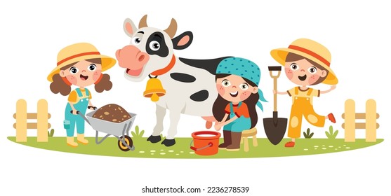 Farm Scene With Cartoon Kids