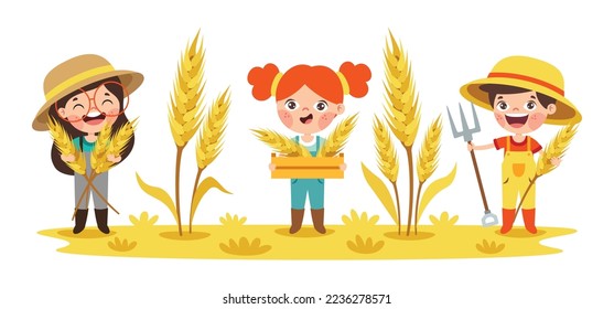 Farm Scene With Cartoon Kids