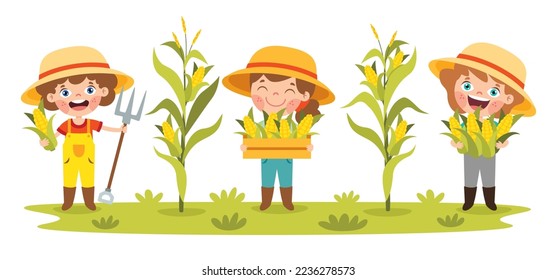 Farm Scene With Cartoon Kids