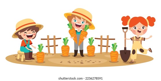 Farm Scene With Cartoon Kids