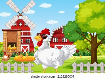 Farm scene with a chicken wearing sunglasses illustration