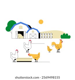 Farm Scene With Chickens In Flat Vector Illustration Symbolizing Agriculture, Rural Life, And Farming, Isolated On White Background