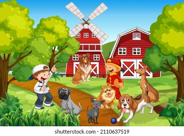 Farm scene with children playing with dogs illustration